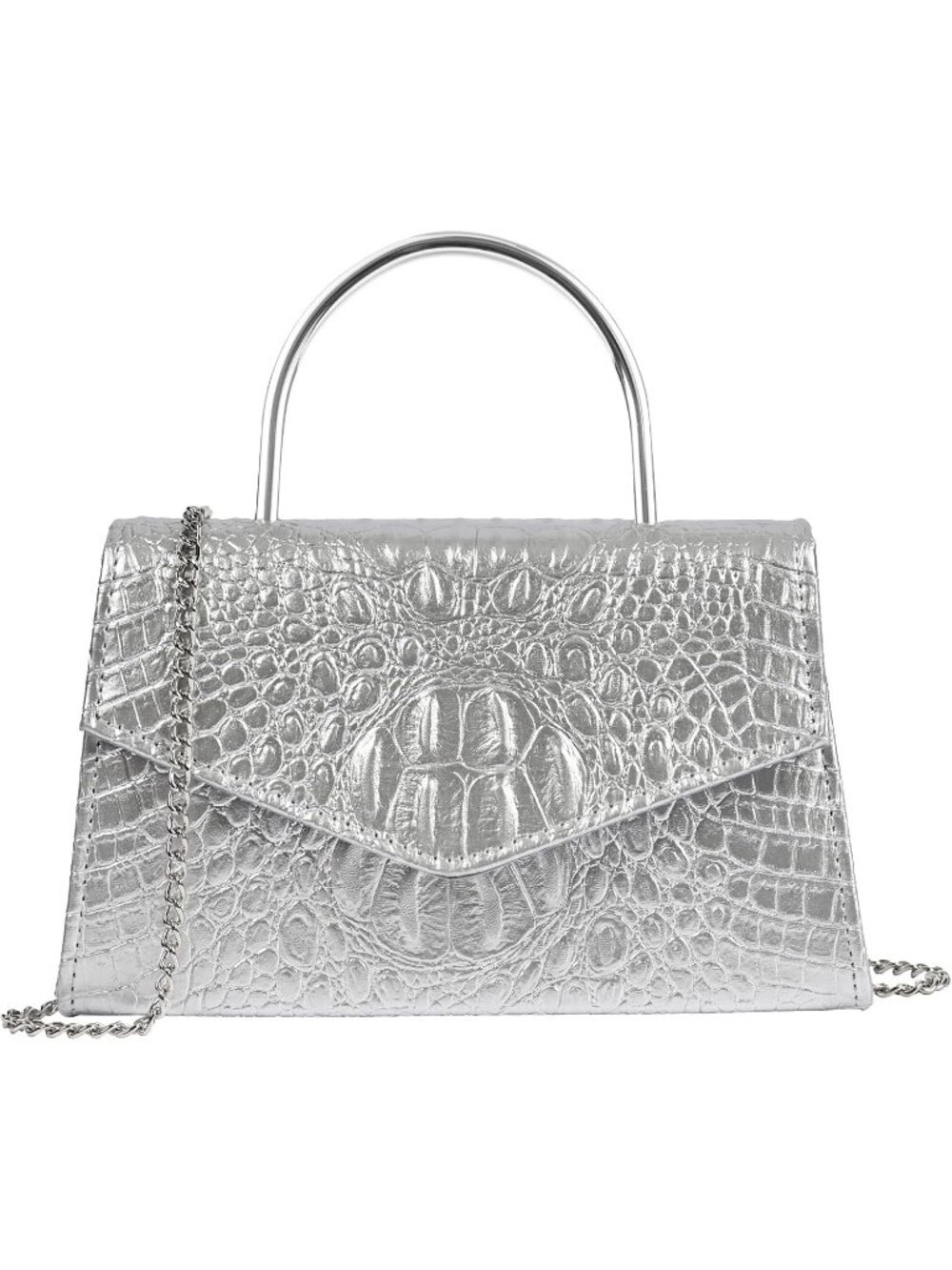 Women's Silver Vegan Leather Evening Bag Clutch Modern Purse with Chain Strap